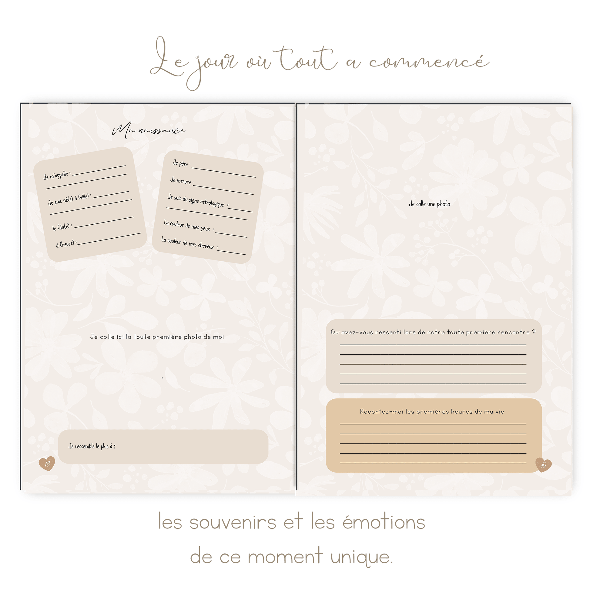 Livre de naissance beige personnalisé – Souvenirs de bébé de la grossesse à 5 ans - Alonaly