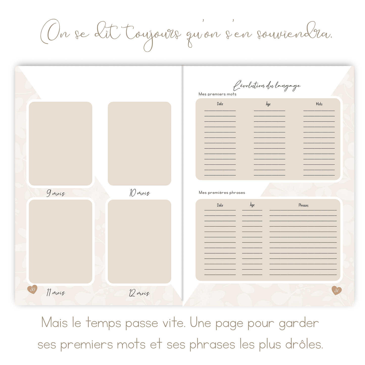 Livre de naissance beige personnalisé – Souvenirs de bébé de la grossesse à 5 ans - Alonaly
