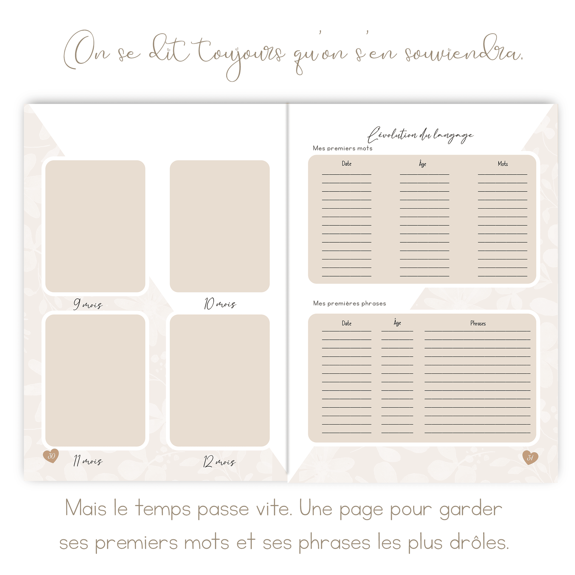 Livre de naissance beige personnalisé – Souvenirs de bébé de la grossesse à 5 ans - Alonaly